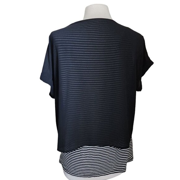 Chico's Layered Blouse Women Size 1 M 8 Black White Stripe Black Chiffon Sheer - Picture 3 of 10